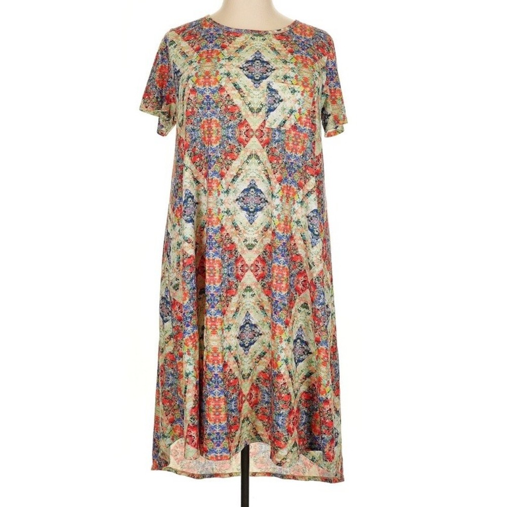 LuLaRoe Womens Dress Size 3XL Carly Blue Pink Diamonds Retro Boho Floral 3X USA